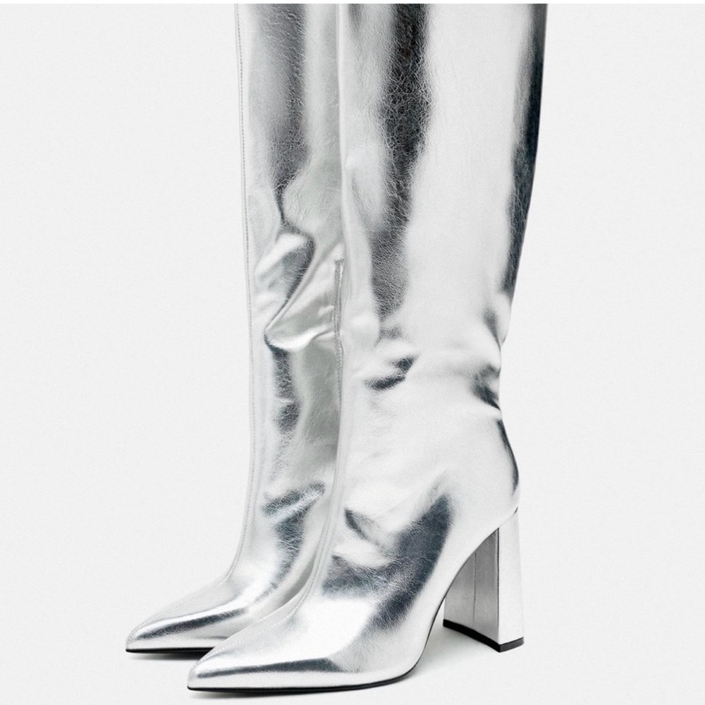 Zara Metallic Silver Heeled Boots